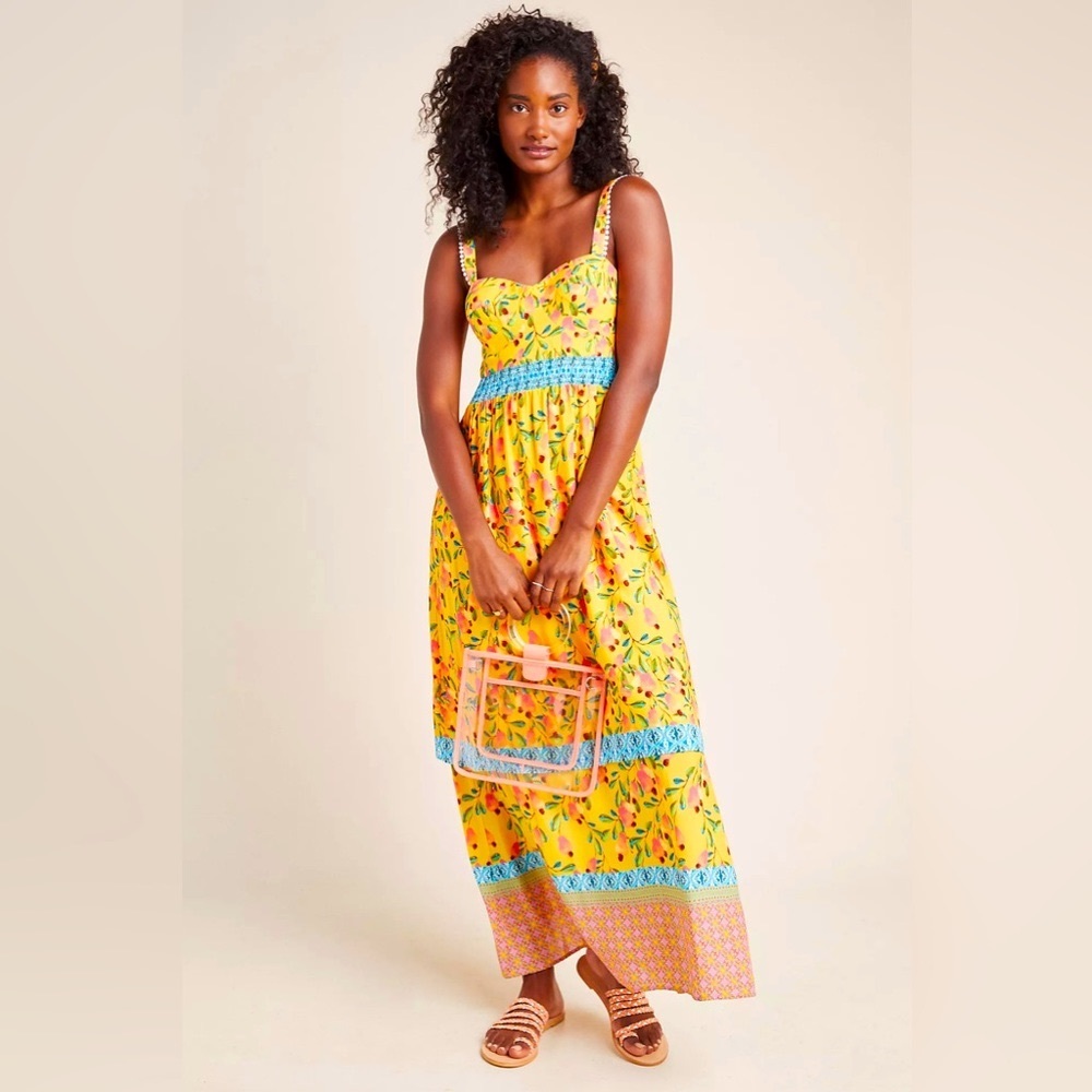 FARM RIO 🍌 Anthropologie Tropical Anjou Cashew Yellow Layered Maxi Dress NWT